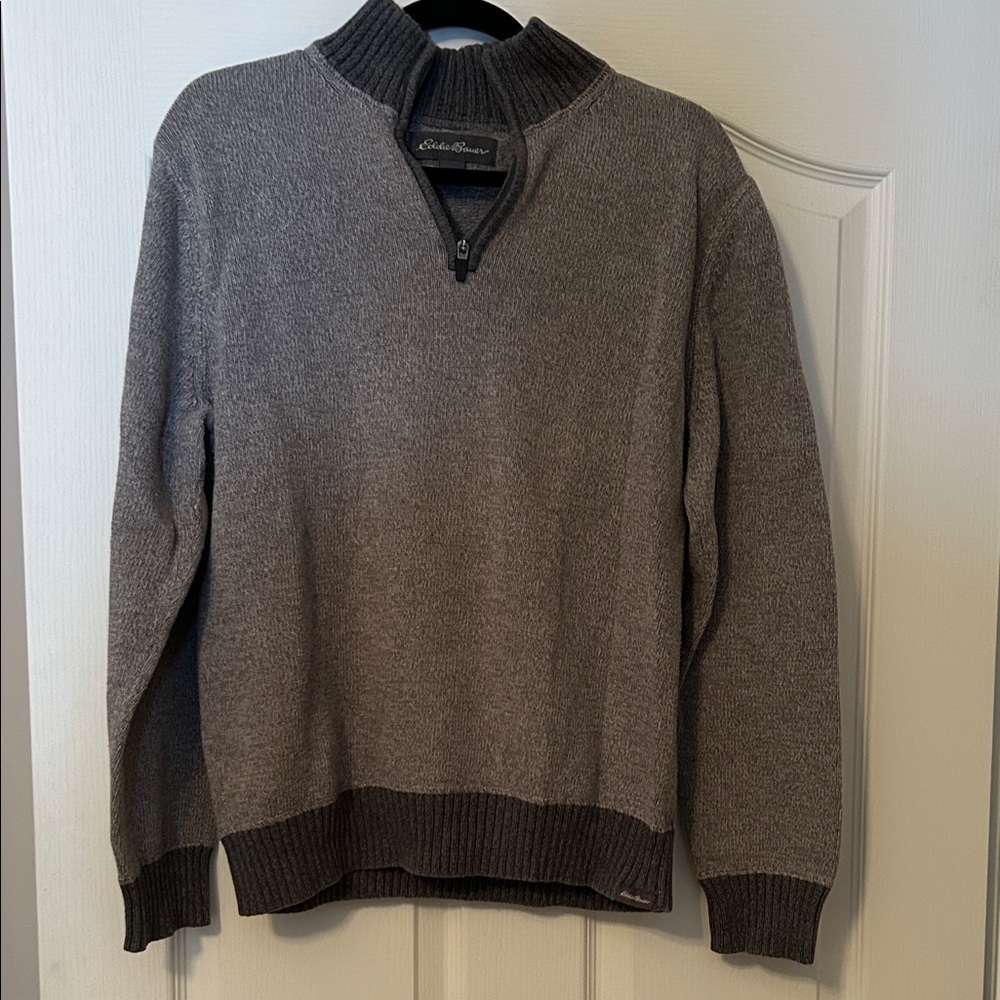 Eddie Bauer Men's Quarter Zip Gray Sweater size medium 100% Cotton